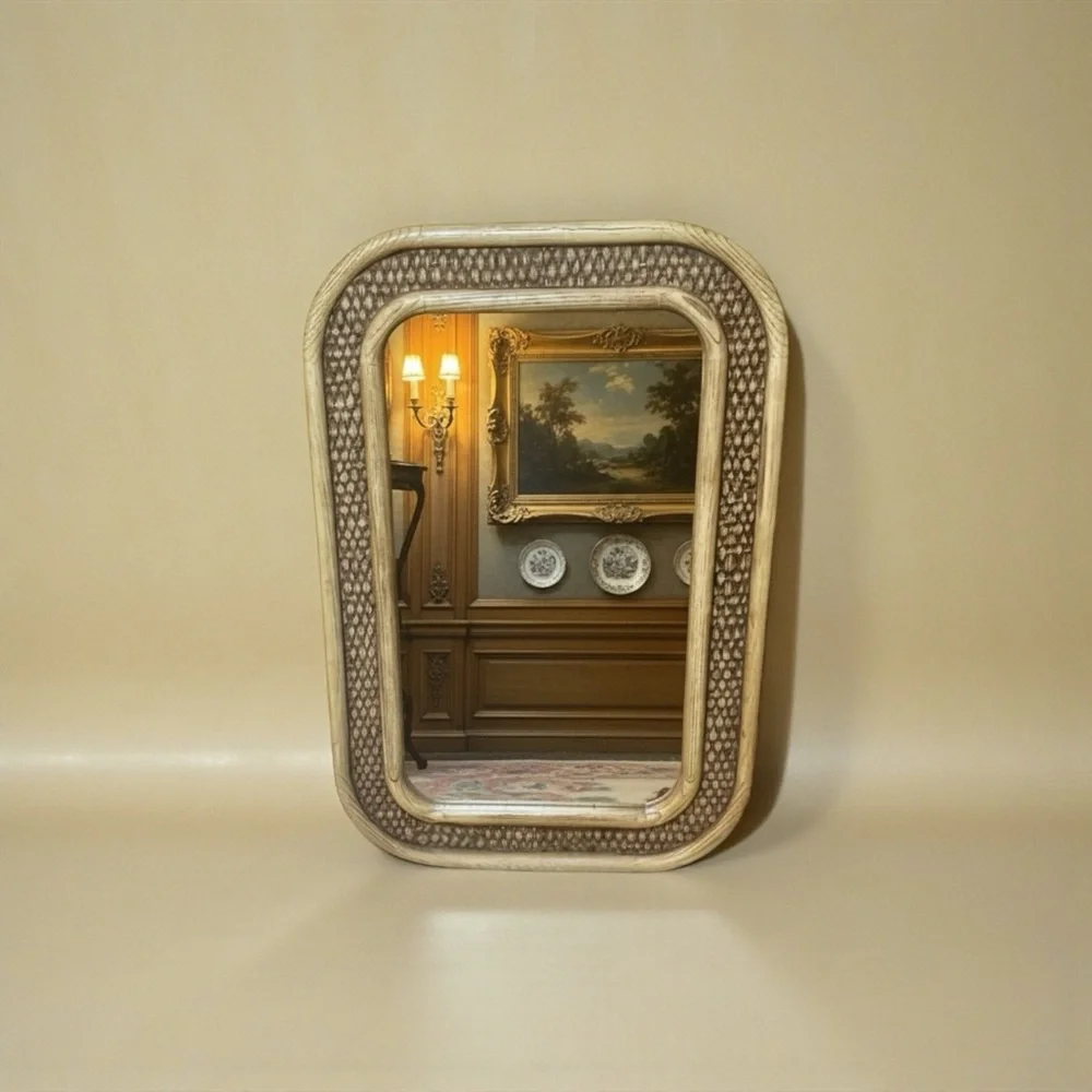 Rare Vintage 70s Dart Syroco Wood Wicker Rattan style Mirror  25”x17”